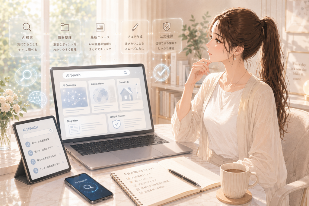 AI検索を使って自宅ワークスペースで調べものをする女性のイラスト