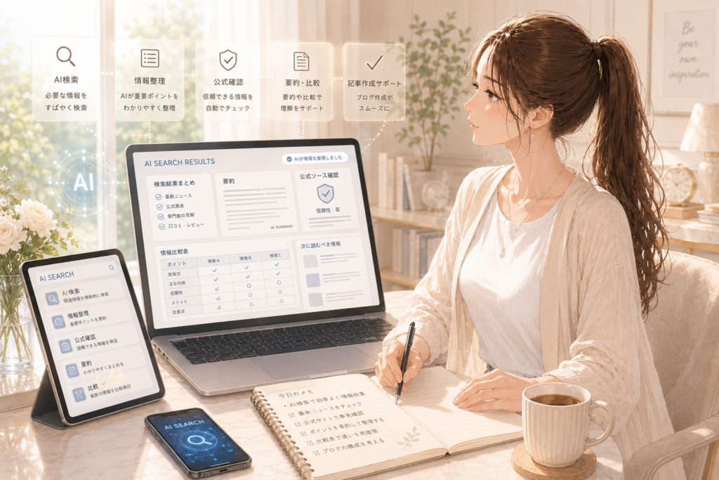AI検索で情報を整理しながらノートにメモを取る女性のイラスト