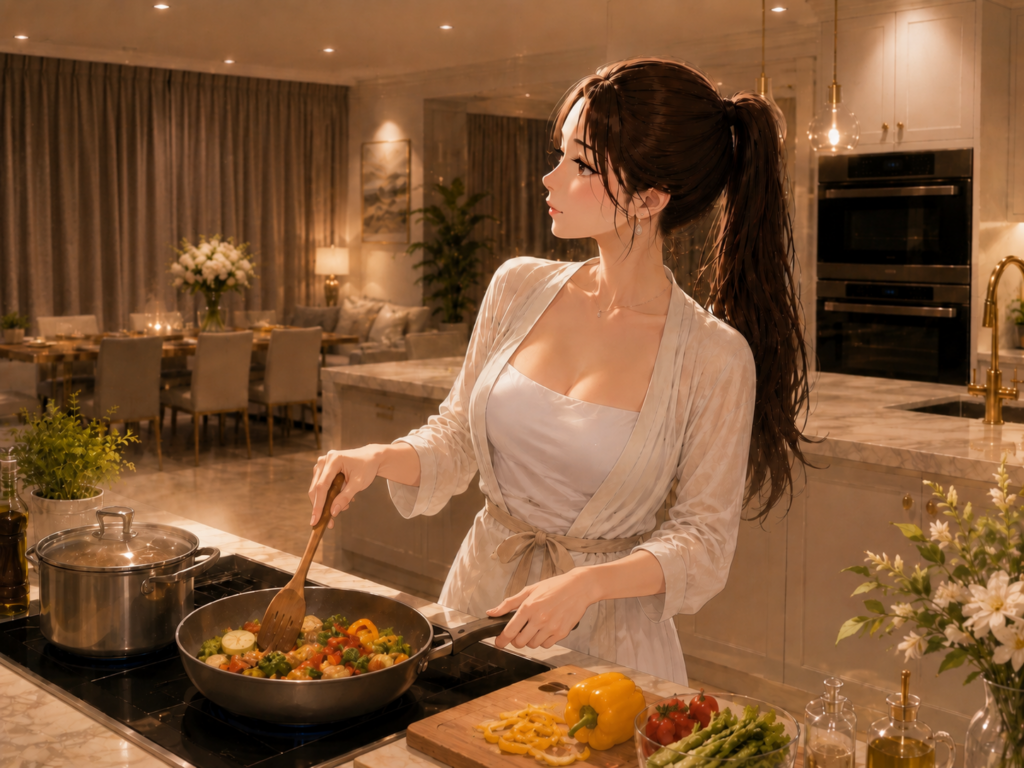 夜のキッチンで料理をしている女性のイラスト