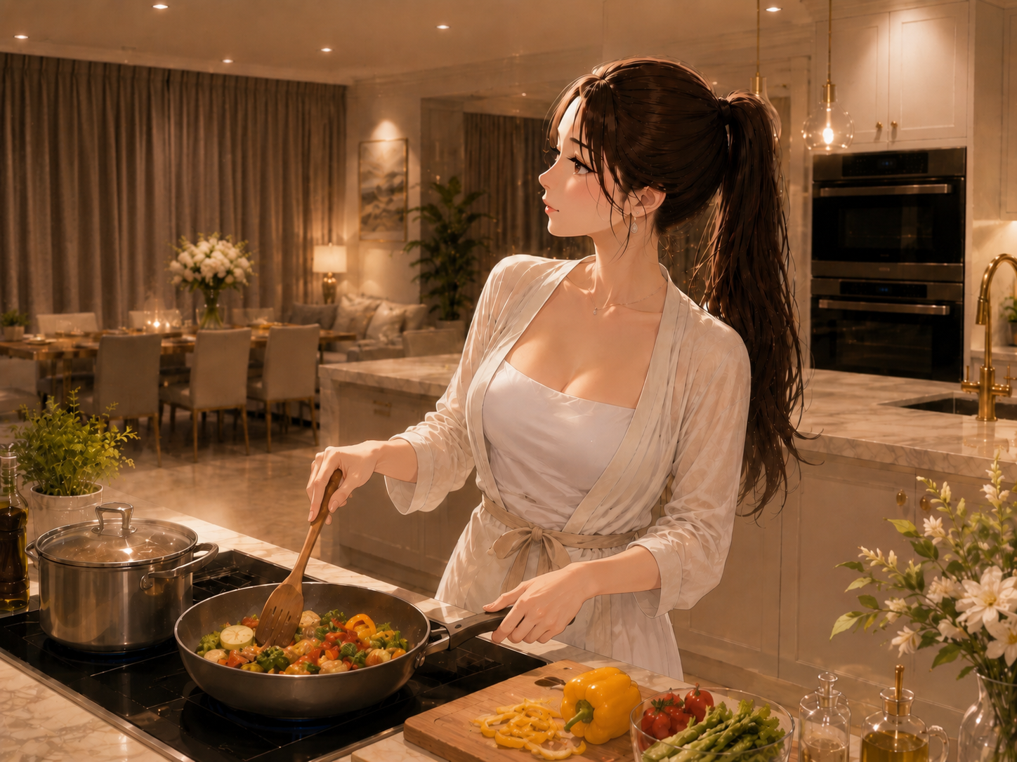夜のキッチンで料理をしている女性のイラスト