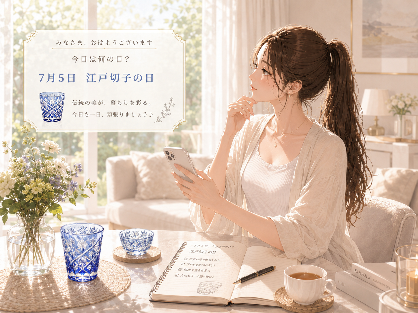 朝の部屋で7月5日は何の日かを調べる女性のイラスト
