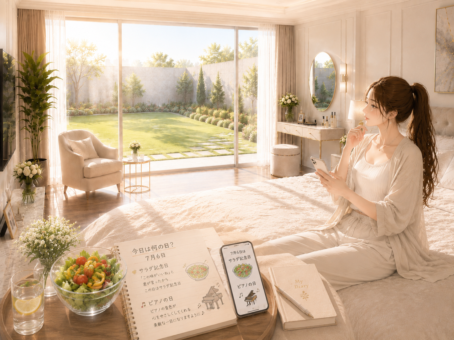 朝の部屋で7月6日は何の日かを調べる女性のイラスト