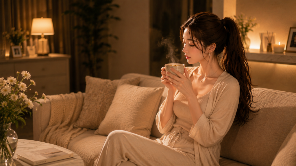 夜のリビングで温かいハーブティーのマグカップを両手で持ち微笑む上品な日本人女性