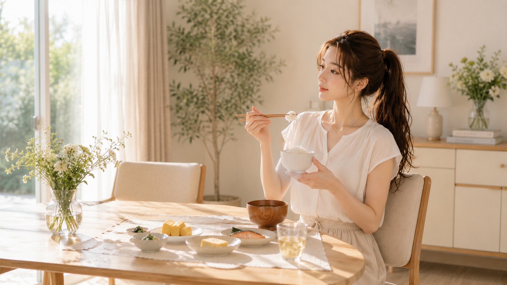 白のフレンチスリーブトップスを着て朝のダイニングテーブルで健康的な朝食を前に微笑む日本人女性