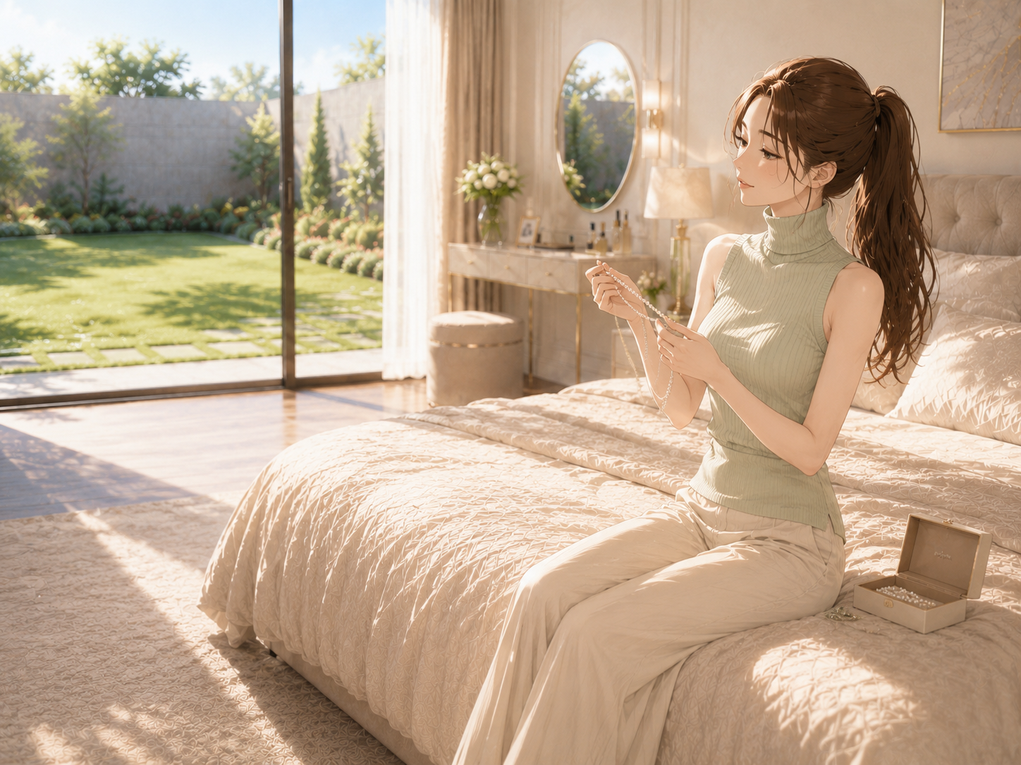 上まで襟の詰まったミントグリーンのハイネックサマーニットを着用し、非常に華奢でスレンダーなスタイルが際立つ日本人女性が、寝室のベッドでパールを眺める様子。Ruriの日記。