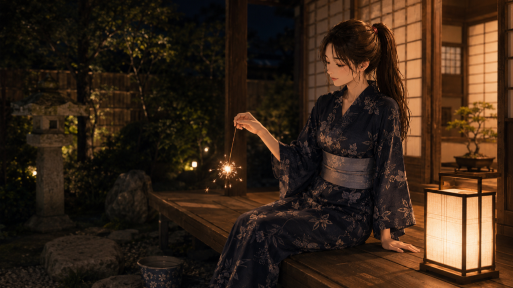 浴衣姿で縁側に座り、線香花火の火花を静かに見つめて微笑む女性