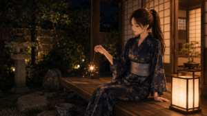 浴衣姿で縁側に座り、線香花火の火花を静かに見つめて微笑む女性