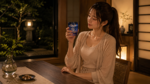 夜の和モダンな部屋で、美しい青い江戸切子のグラスを見つめて微笑む女性
