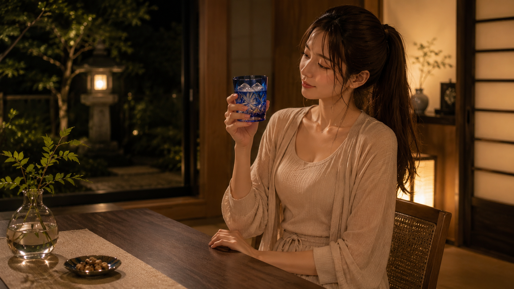 夜の和モダンな部屋で、美しい青い江戸切子のグラスを見つめて微笑む女性