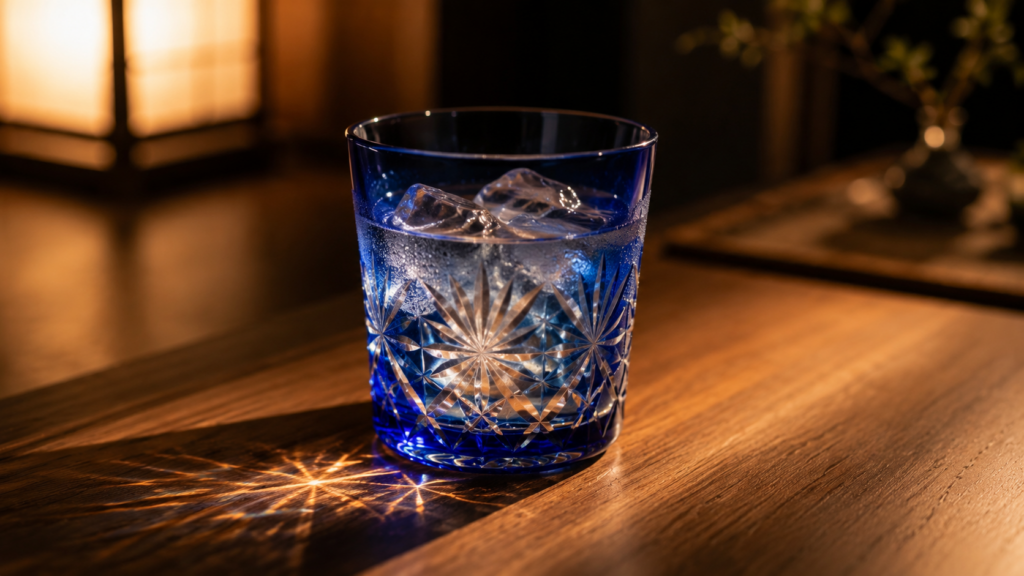 冷たい飲み物と氷が入った美しい青の江戸切子グラスのクローズアップ画像。グラスの表面には水滴がつき、ライトに照らされてテーブルの上に万華鏡のような幾何学模様の光の影(コースティクス)が落ちている、芸術的な一枚。