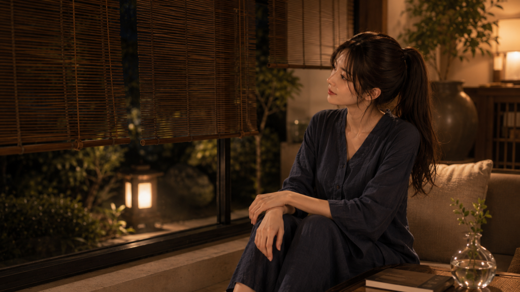 すだれが掛かった夜の窓辺に座り、涼しい風を感じて微笑む女性