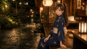 京都・貴船の川床で、歴史ある行灯の光に包まれて涼む浴衣姿の女性