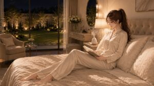 襟の詰まったアイボリーのパジャマを着て、ベッドの上で土曜夜 アロマと読書を楽しむスレンダーな日本人女性。窓の外には夜の庭園が見える。Ruriの日記。襟の詰まったアイボリーのパジャマを着て、ベッドの上で土曜夜 アロマと読書を楽しむスレンダーな日本人女性。窓の外には夜の庭園が見える。Ruriの日記。