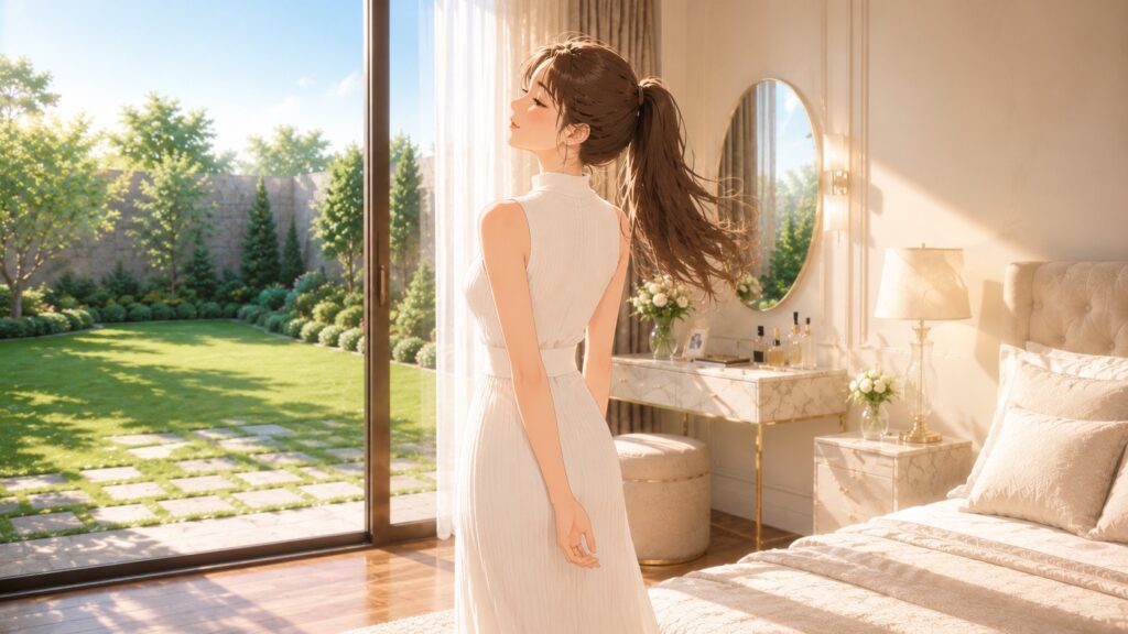 白いサマーニットワンピースを着て、窓辺で週末の朝活を楽しむスレンダーな日本人女性の後ろ姿。窓の外には美しい庭園が見える。