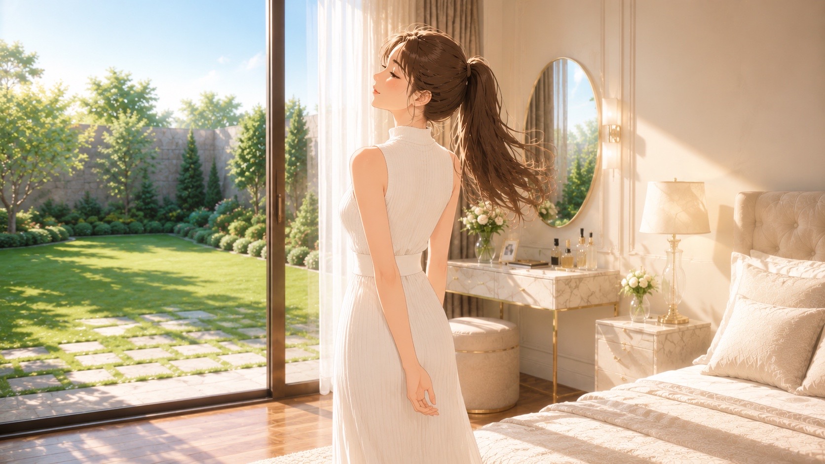 白いサマーニットワンピースを着て、窓辺で週末の朝活を楽しむスレンダーな日本人女性の後ろ姿。窓の外には美しい庭園が見える。