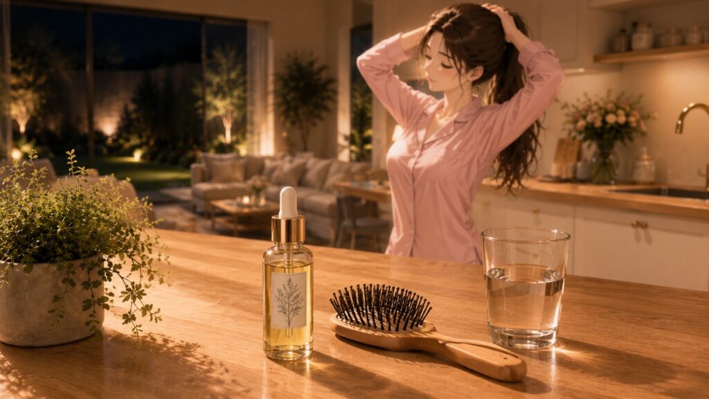 白と木目が調和した美しいキッチンカウンター。月曜夜の頭皮マッサージに使うオイルとブラシ。遠くに夜の庭園。