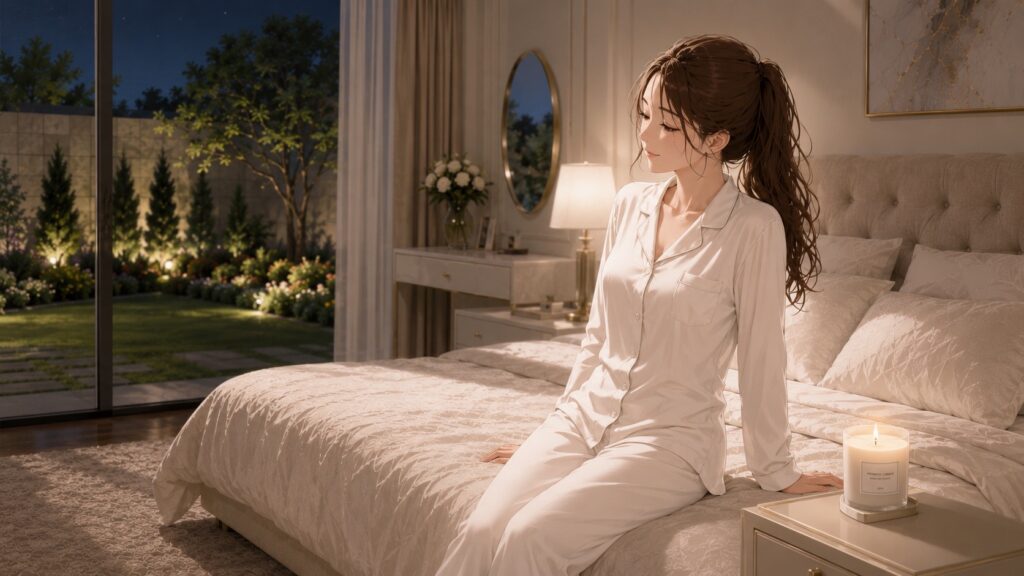 襟の詰まった白いパジャマを着て、ベッドサイドで日曜夜のキャンドルを見つめるスレンダーな日本人女性。Ruriの日記。