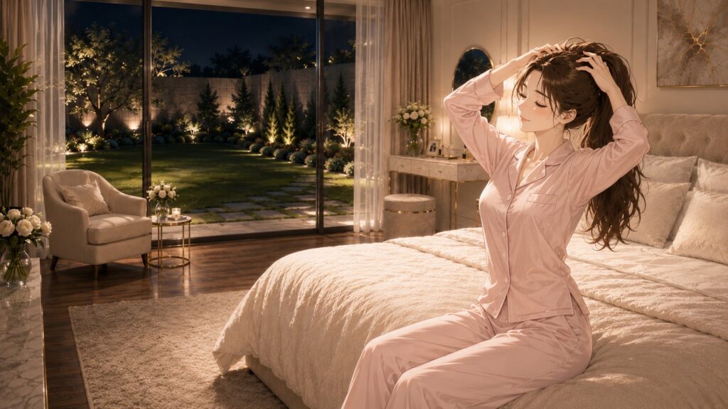 襟の詰まったピンクのパジャマを着て、ベッドサイドで月曜夜の頭皮マッサージをするスレンダーで女性らしい日本人女性。Ruriの日記。