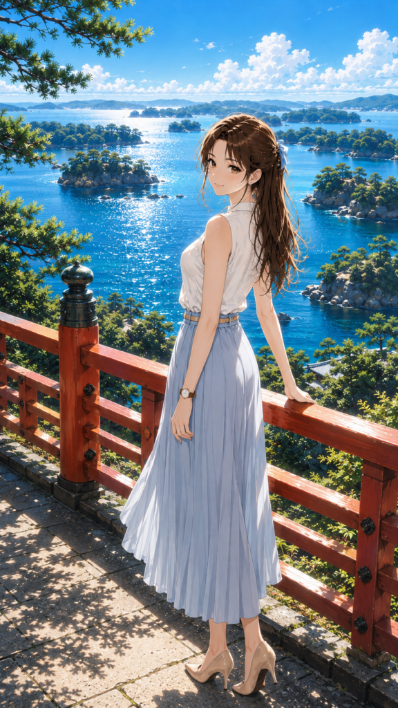 松島の歴史と絶景の海を楽しむ、上品な女性の姿