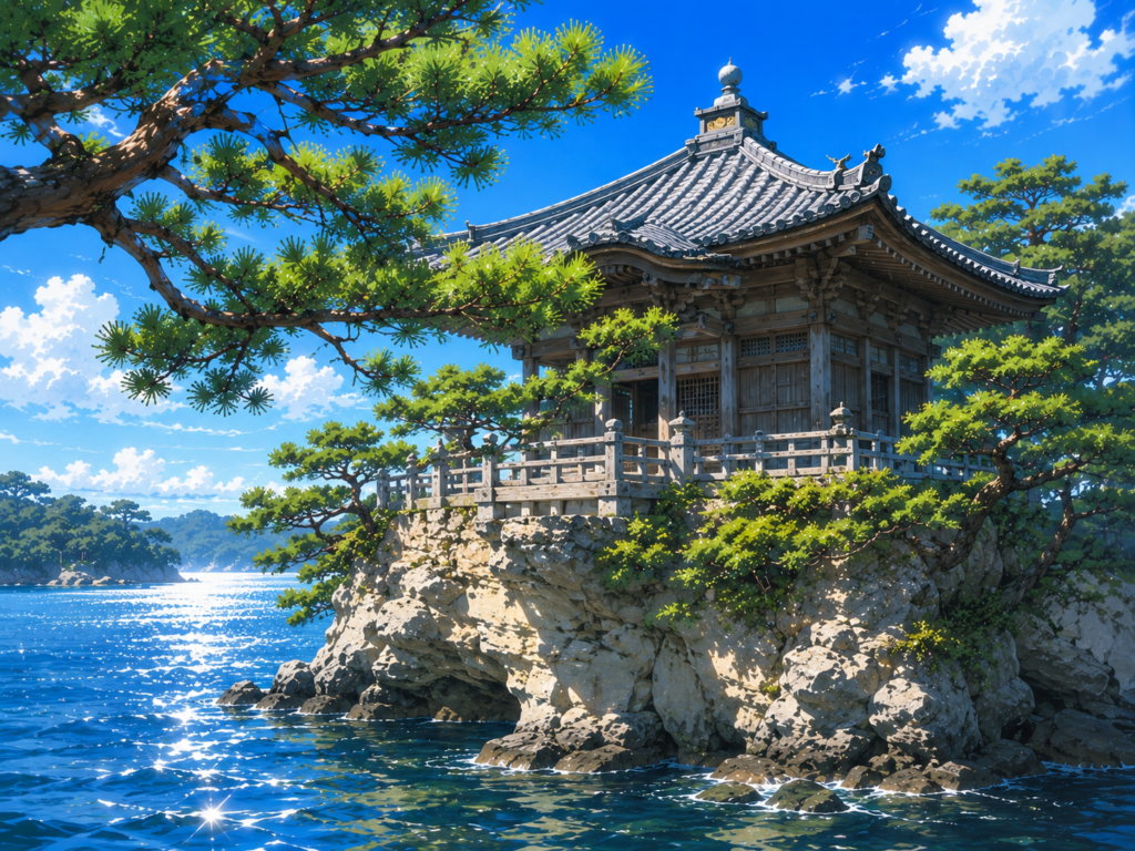 松島の歴史を象徴する、絶景の五大堂と青い海のクローズアップ