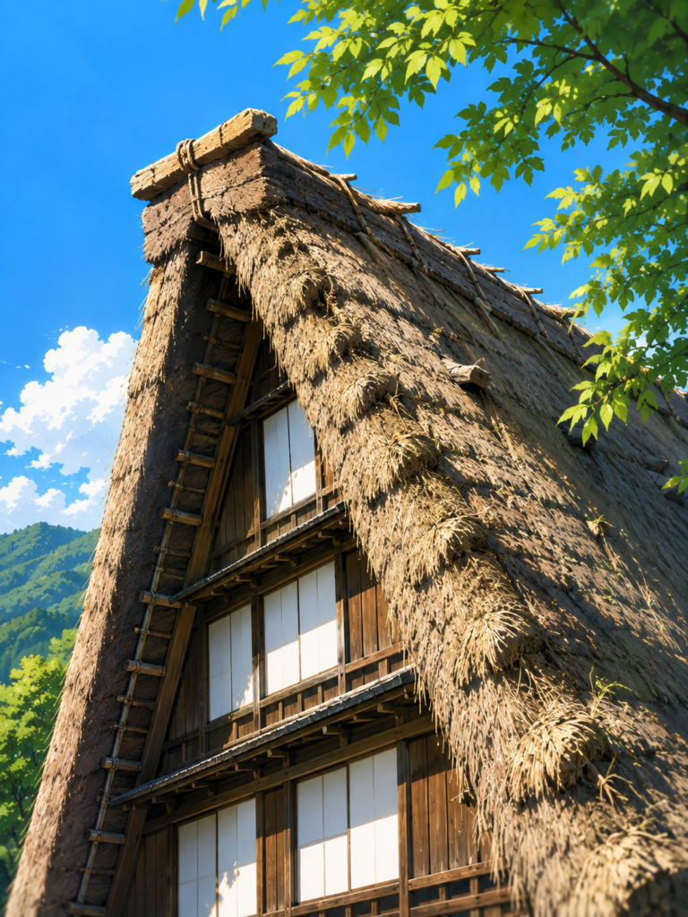 白川郷の絶景を象徴する、歴史ある合掌造りの茅葺屋根のクローズアップ
