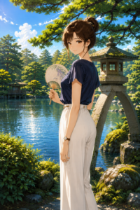 兼六園の歴史と絶景を楽しむ、上品な女性の姿