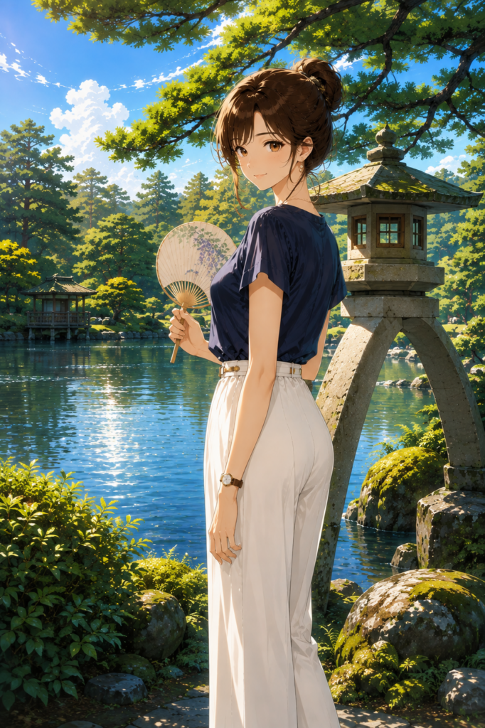 兼六園の歴史と絶景を楽しむ、上品な女性の姿