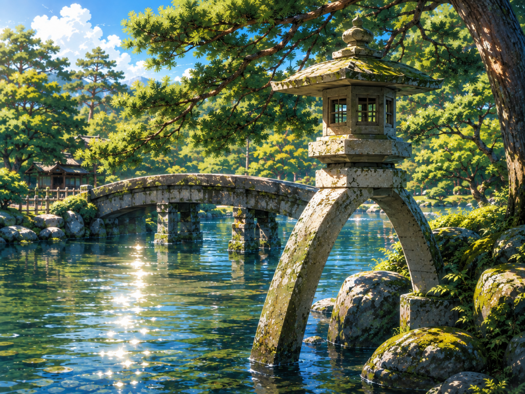 兼六園の絶景を象徴する、歴史ある「ことじ灯籠」のクローズアップ
