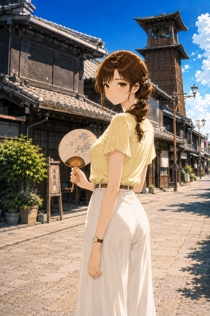川越の絶景と歴史を楽しむ、上品な女性の姿