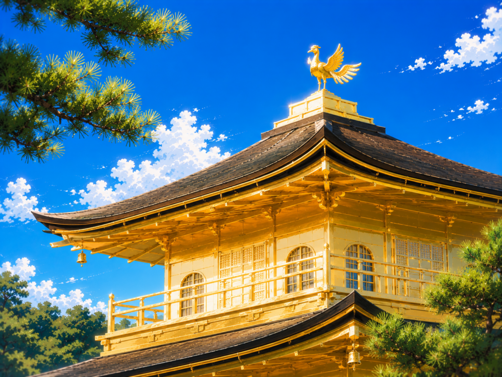 金閣寺の絶景を象徴する、歴史ある黄金の鳳凰と屋根のクローズアップ