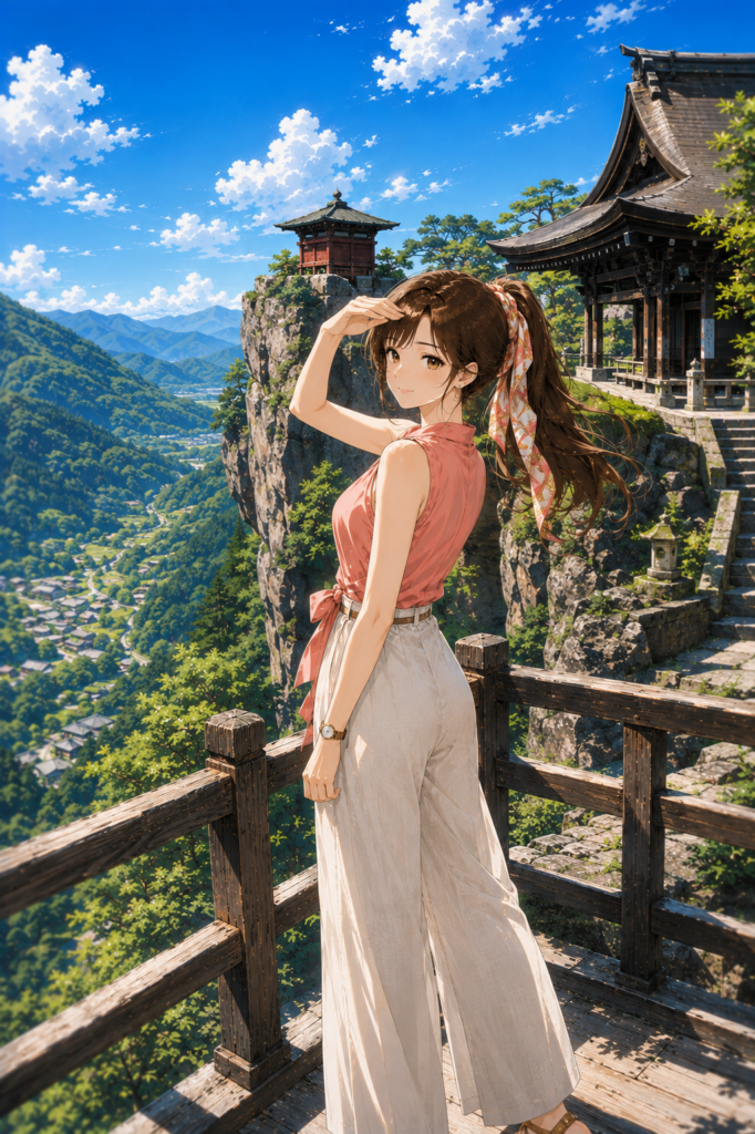 山寺の絶景と歴史を楽しむ、上品な女性の姿