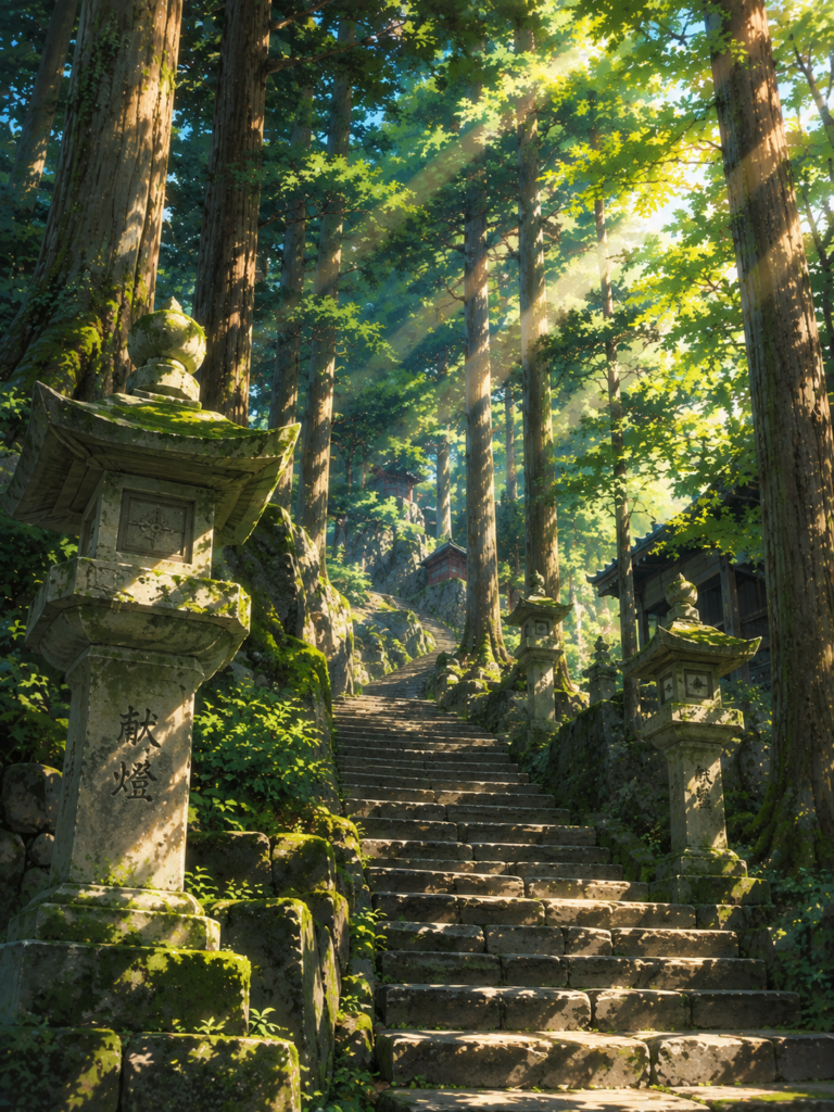 山寺の絶景を象徴する、歴史ある石段と苔むした石灯籠のクローズアップ