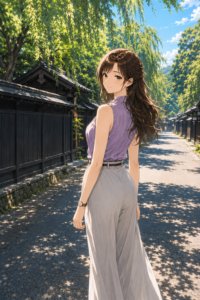 角館の絶景と歴史を楽しむ、上品な女性の姿