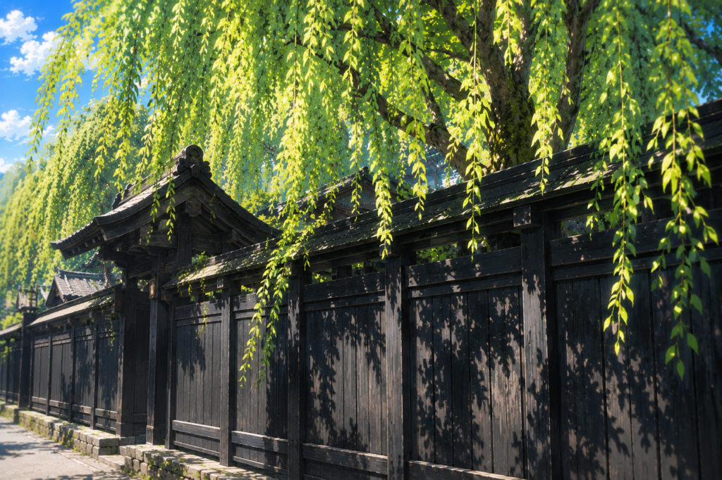 角館の絶景を象徴する、歴史ある黒塀と緑のしだれ桜のクローズアップ