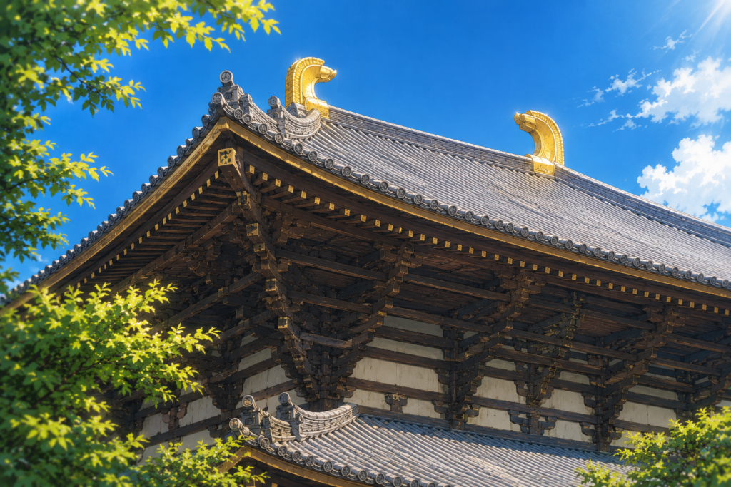 東大寺の絶景を象徴する、歴史ある大仏殿の大屋根と金色の鴟尾（しび）のクローズアップ