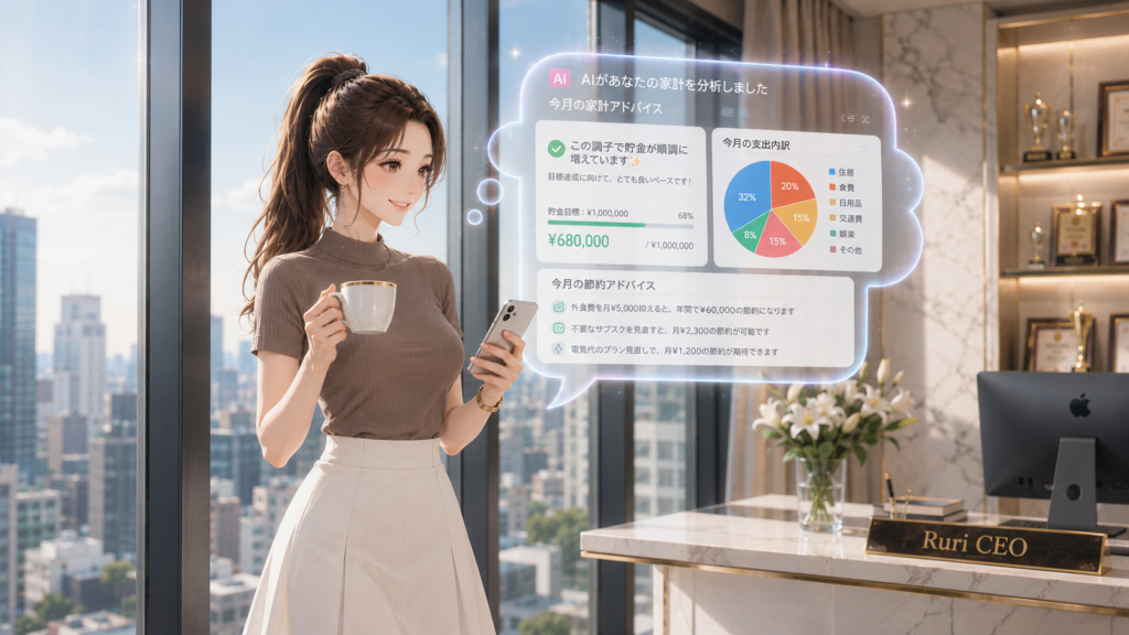 窓際でコーヒーカップを持ちAI家計簿の予算分析ホログラムを見る女性