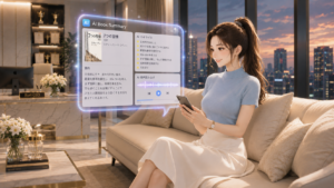 ソファに座りAI読書アシスタントの本の要約ホログラム画面を確認する女性