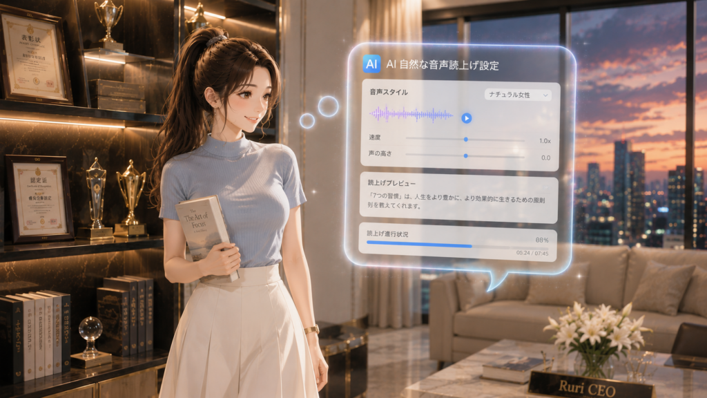 本棚の前に立ちAI読書アシスタントの音声読み上げホログラムを見る女性