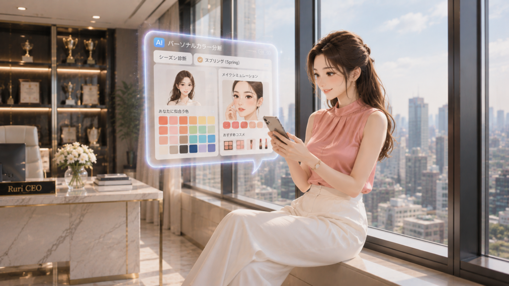 窓枠に腰掛けAIパーソナルカラー診断のカラーパレットホログラム画面を確認する女性