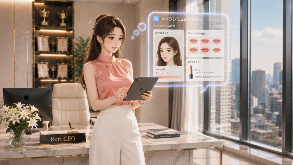 デスクの前に立ちタブレットから浮かぶAIメイクシミュレーションのホログラムを見る女性