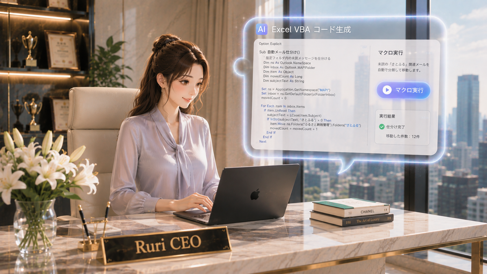 デスクに座りAIが作成したエクセルVBAコードのホログラム画面を確認する女性