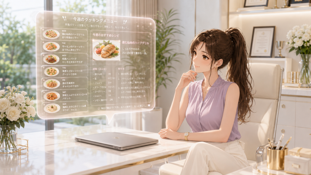 デスク上でAIが自動生成した1週間分の献立レシピのホログラムを確認する女性