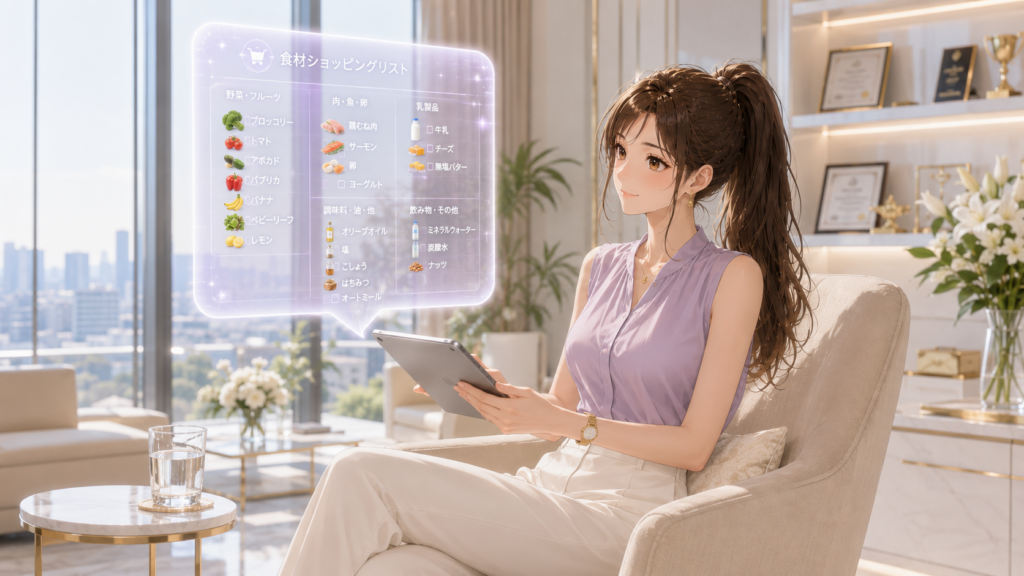オフィスの窓際ラウンジでAIが作成した買い物リストのホログラムを見る女性
