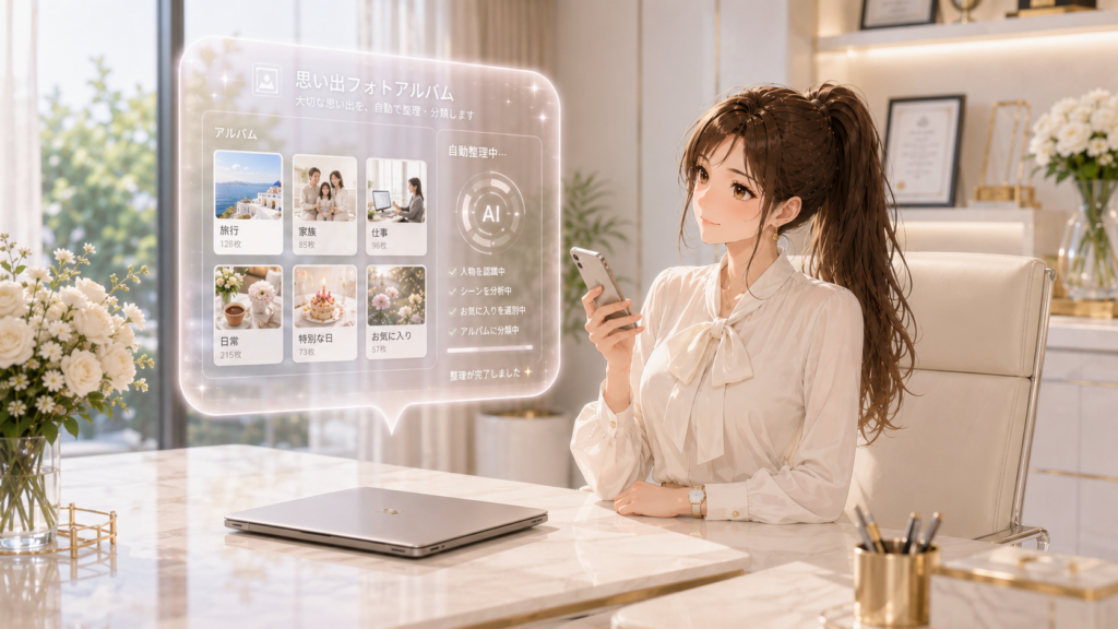 デスク上でAIアルバムが自動で写真を分類するホログラム画面を確認する女性経営者