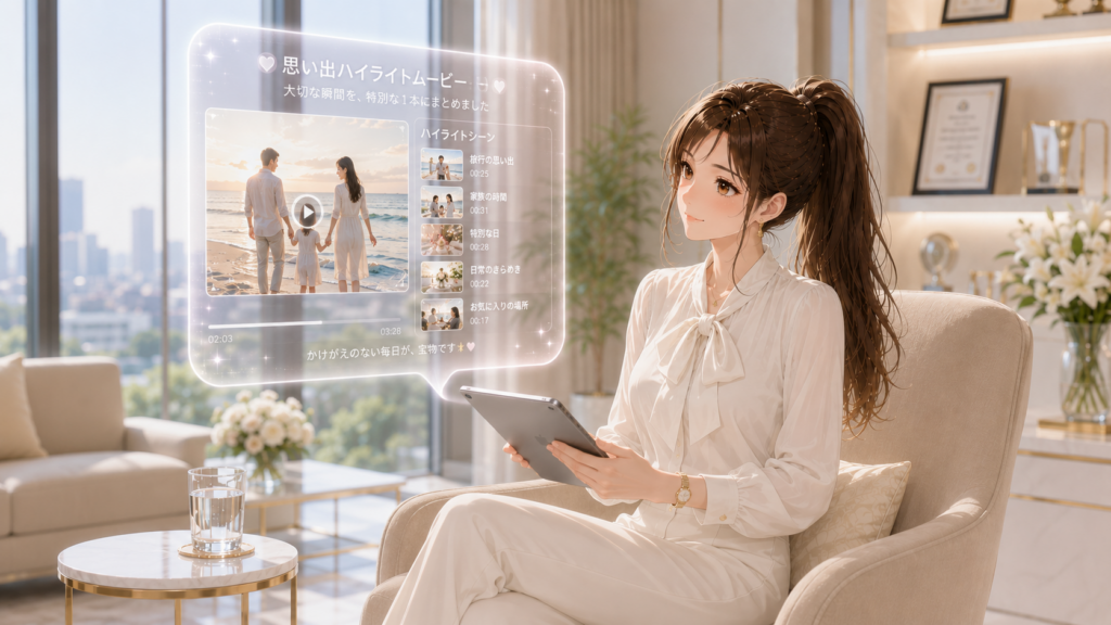 オフィスの窓際ラウンジでAIが作成した思い出ムービーのホログラムを見る女性