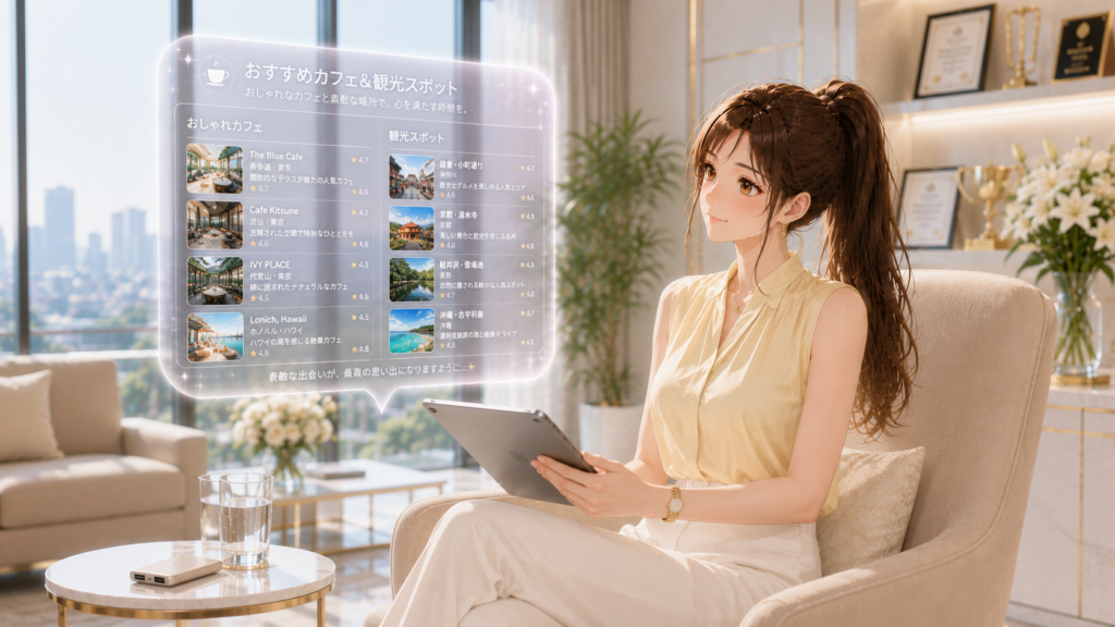 オフィスの窓際ラウンジでAIが提案する観光スポットのホログラムを見る女性