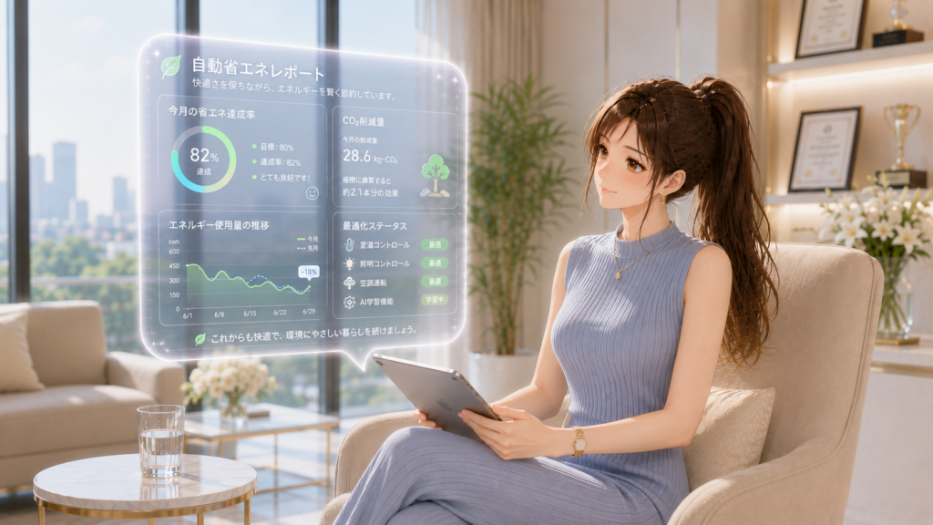 オフィスの窓際ラウンジでAIスマートホームの省エネレポートのホログラムを見る女性