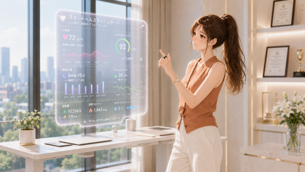 窓際のスタンディングデスクでAIヘルスケアの体力スコアホログラムを確認する女性経営者