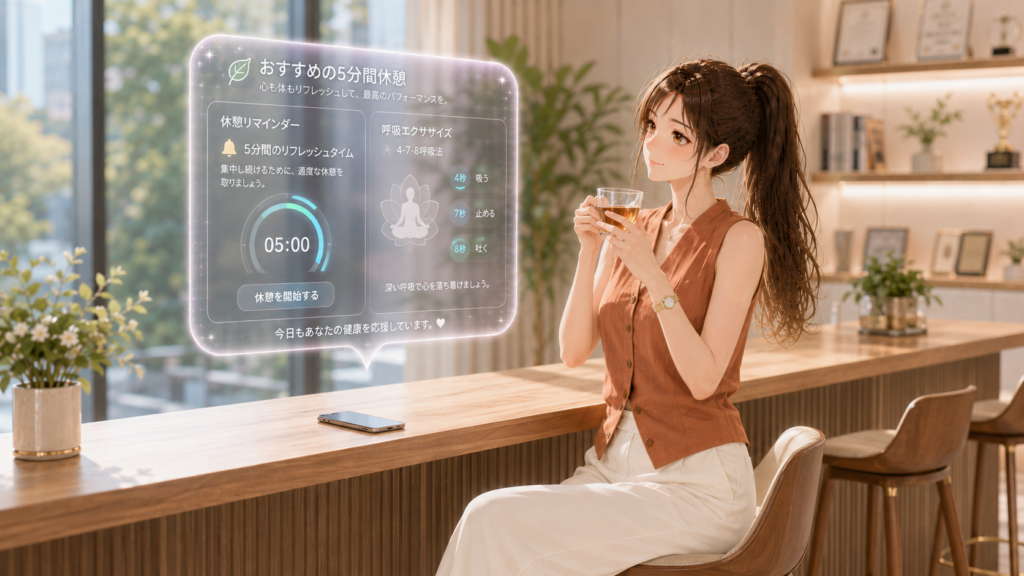 オフィスのカフェカウンターでハーブティーを手にAIヘルスケアの休憩通知ホログラムを見る女性