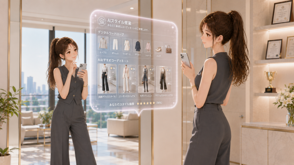 全身鏡の前でAIスタイリストが提案するコーディネートのホログラムを確認する女性